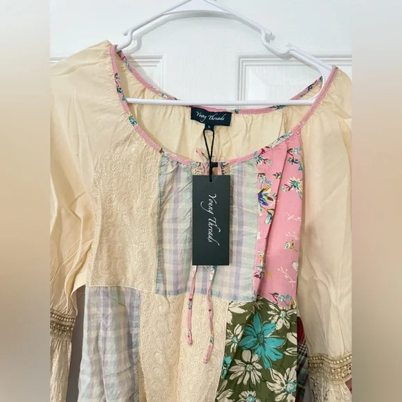 Young Threads Mixed Print Patchwork Boho Floral Tunic Top Latte Size Large NWT - Picture 6 of 9